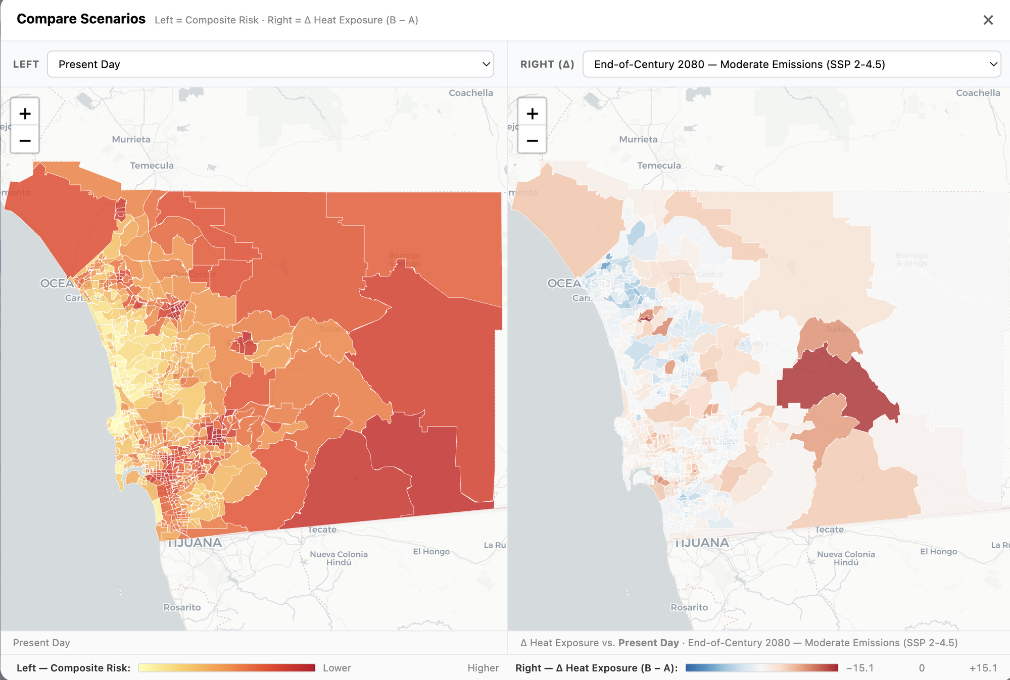 Compare Scenarios modal. Left panel: present-day Composite Heat Risk Index across San Diego County tracts, shaded yellow (lower) to dark red (higher). Right panel: change in Heat Exposure pillar rank for End-of-Century 2080 under SSP 2-4.5 minus Present Day, shaded blue (lower) to red (higher), values from −15.1 to +15.1 percentile points.